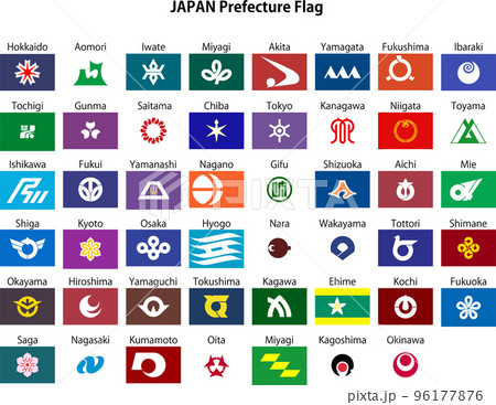 日本の都道府県旗、白背景、英語版 96177876