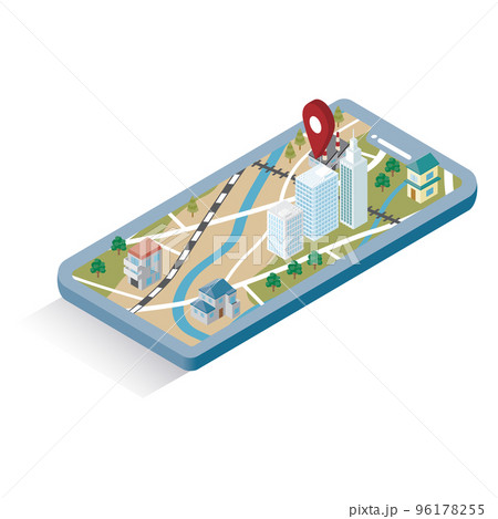 アイソメトリック_GPSを起動したスマホの立体的な地図のイメージイラスト 96178255