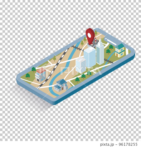 アイソメトリック_GPSを起動したスマホの立体的な地図のイメージイラスト 96178255