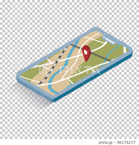 アイソメトリック_GPSを起動したスマホの地図のイメージイラスト 96178257