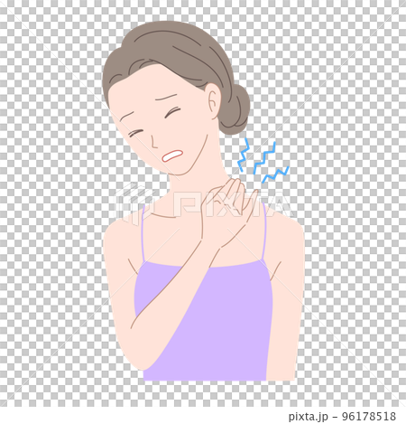 一個女人帶著痛苦的表情抱著她的肩膀的插圖素材 96178518