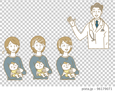 年輕母親、醫生和嬰兒的面部表情模式插圖集 年輕母親、醫生和嬰兒的面部表情模式插圖集 96179071