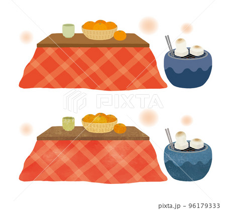 こたつと火鉢とみかんとお餅水彩画 96179333