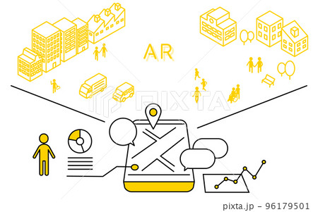 スマートフォンを使ったAR(拡張現実)のイメージ、スマートフォンに合わせて表示されるAR(拡張現実) スマートフォンを使ったAR(拡張現実)のイメージ、スマートフォンに合わせて表示されるAR(拡張現実) 96179501