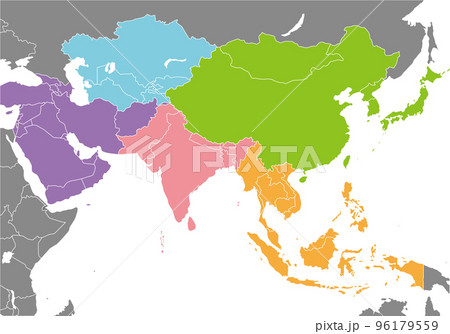 東アジア、東南アジア、中央アジア、南アジア、西アジア、日本でよく使われるアジアの地域区分のイラスト素材 [96179559] - PIXTA