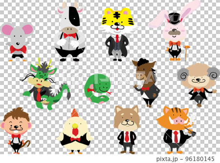 年賀状に使えるスーツや蝶ネクタイをしたかわいい十二支のキャラクターのイラストセット 96180145