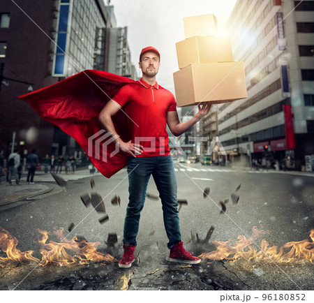Courier acts like a powerful superhero in a city with skyscrapers. Concept of success and guarantee on shipment Courier acts like a powerful superhero in a city with skyscrapers. Concept of success and guarantee on shipment 96180852