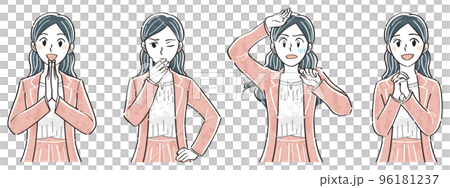 ビジネスジャケットの女性　表情ポーズの上半身イラストセット（気づく　考える　ショック　憧れ） 96181237