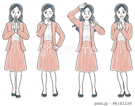 ビジネスジャケットの女性　表情ポーズの全身イラストセット（気づく　考える　ショック　憧れ） 96181239
