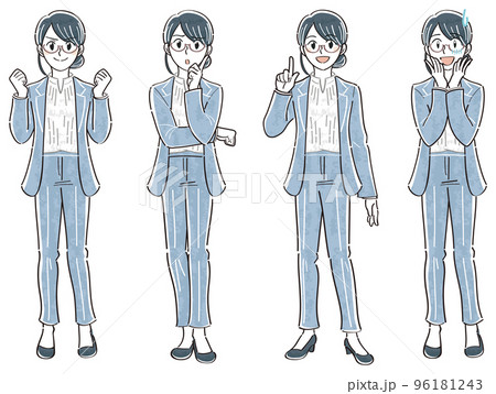 ビジネスジャケットの女性　表情ポーズの全身イラストセット（ガッツポーズ　悩む　説明する　困る） 96181243