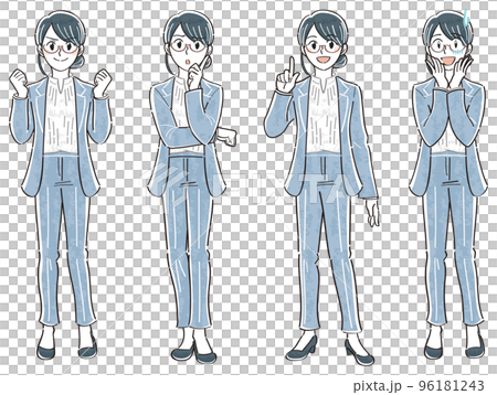 ビジネスジャケットの女性　表情ポーズの全身イラストセット（ガッツポーズ　悩む　説明する　困る） 96181243