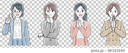 Business woman upper body illustration set of facial poses (explain, think, adore, clap hands) Business woman upper body illustration set of facial poses (explain, think, adore, clap hands) 96181640