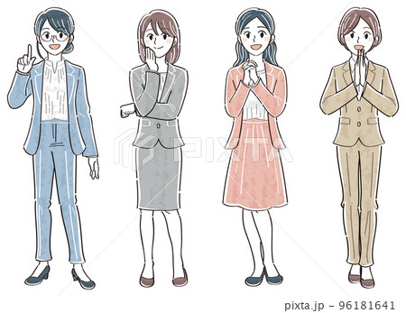 ビジネス女性 表情ポーズの全身イラストセット(説明する 考える 憧れ 手を打つ) ビジネス女性 表情ポーズの全身イラストセット(説明する 考える 憧れ 手を打つ) 96181641