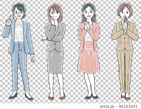 ビジネス女性 表情ポーズの全身イラストセット(説明する 考える 憧れ 手を打つ) ビジネス女性 表情ポーズの全身イラストセット(説明する 考える 憧れ 手を打つ) 96181641