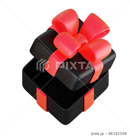 Realistic black gift box with red ribbon bow. Concept of abstract holiday, birthday, Christmas or Black Friday present or surprise. 3d high quality isolated render 96182508