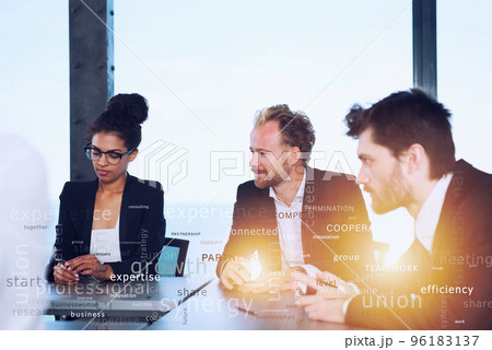 Team of people work together. concept of teamwork and partnership. Most important business terms in overlay 96183137