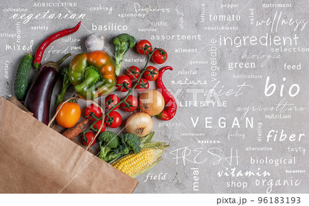 Healthy background of vegetable. Concept of genuine food with most popular terms 96183193