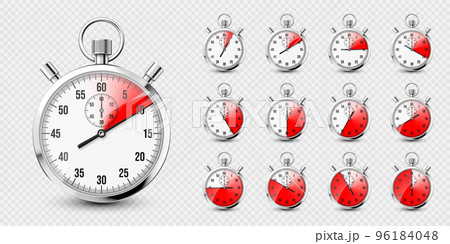 Realistic classic stopwatch icons. Shiny metal chronometer, time counter with dial. Red countdown timer showing minutes and seconds. Time measurement for sport, start and finish. Vector illustration Realistic classic stopwatch icons. Shiny metal chronometer, time counter with dial. Red countdown timer showing minutes and seconds. Time measurement for sport, start and finish. Vector illustration 96184048