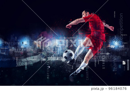Football scene of a soccer player in action. Text effect in overlay with the most used terms. Abstract background 96184076