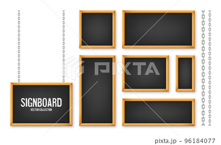 Signboards in a wooden frame hanging on a metal chain. Restaurant menu board. School chalkboard, writing surface for text or drawing. Blank advertising or presentation boards. Vector illustration 96184077
