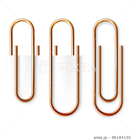 Realistic copper paperclip attached to paper isolated on white background. Shiny metal paper clip, page holder, binder. Workplace office supplies. Vector illustration 96184130