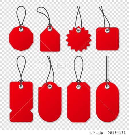 Realistic red price tags collection. Special offer or shopping discount label. Retail paper sticker. Blank promotional sale badge. Vector illustration. 96184131