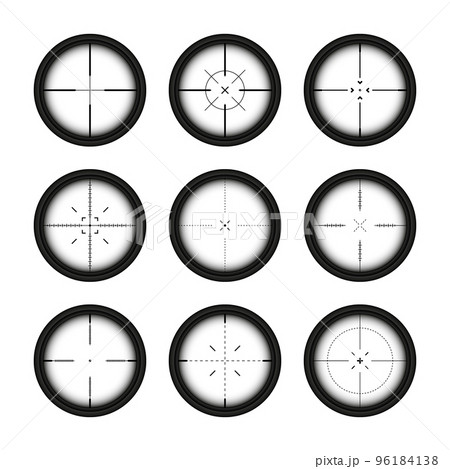 Various weapon sights, sniper rifle optical scopes. Hunting gun viewfinder with crosshair. Aim, shooting mark symbol. Military target sign, silhouette. Game interface UI element. Vector illustration 96184138