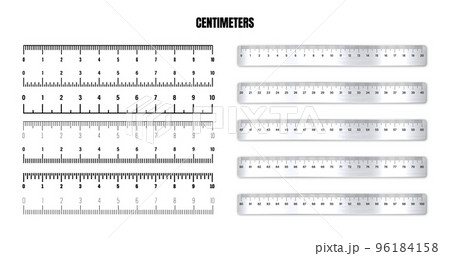Realistic metal rulers with black centimeter scale for measuring length or height. Various measurement scales with divisions. Ruler, tape measure marks, size indicators. Vector illustration 96184158