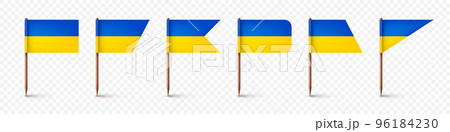 Realistic various Ukrainian toothpick flags. Souvenir from Ukraine. Wooden toothpicks with paper flag. Location mark, map pointer. Blank mockup for advertising and promotions. Vector illustration 96184230