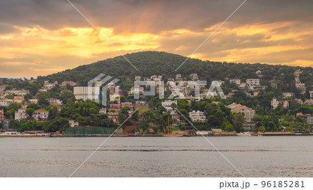 View of the hills of Kinaliada island from Marmara Sea, with traditional summer houses, Istanbul, Turkey 96185281