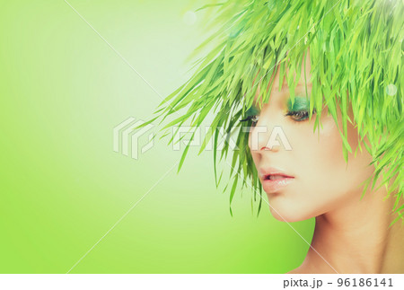 Nature beauty woman with fresh grass hair. Nature beauty woman with fresh grass hair. 96186141