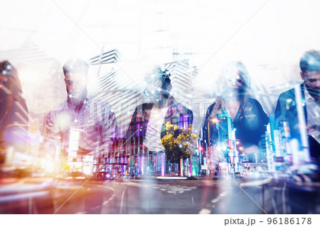 Abstract business background concept with double exposure and network effects Abstract business background concept with double exposure and network effects 96186178