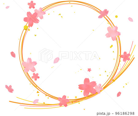 桜の花と曲線の華やかな水引きフレーム　手描きの水彩風ベクターイラスト 素材 96186298