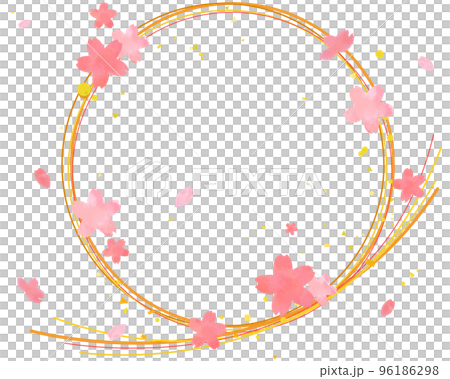桜の花と曲線の華やかな水引きフレーム　手描きの水彩風ベクターイラスト 素材 96186298