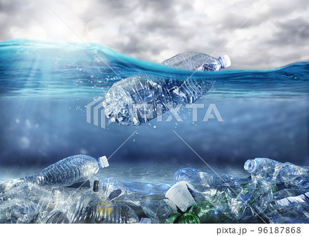 Floating bottle. Problem of plastic pollution under the sea concept 96187868