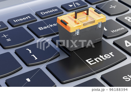 Toolbox on computer keyboard, 3D rendering Toolbox on computer keyboard, 3D rendering 96188394