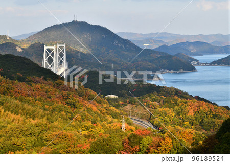 広島県尾道市因島　白滝山からの風景　因島大橋と紅葉の山並み　 96189524