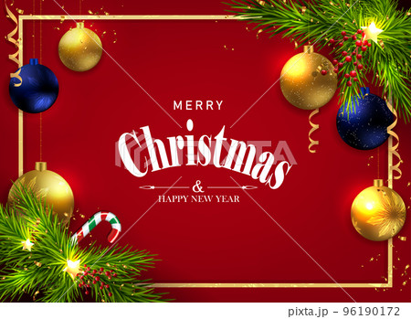 Festive red postcard with a frame and a Christmas tree garland 96190172