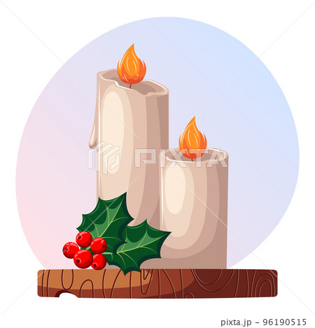 Christmas illustration, burning candles, holly and red berries on a wooden stand. Postcard, background, vector Christmas illustration, burning candles, holly and red berries on a wooden stand. Postcard, background, vector 96190515