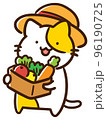 箱いっぱいの新鮮野菜を持ち運ぶ農家ねこのデフォルメイラスト 96190725
