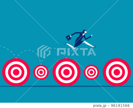 Businesswoman keeps leaping forward on big and small targets. Business goal vector illustration 96191566