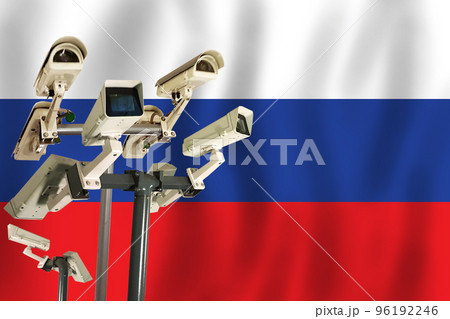 Russian CCTV camera on the flag of Russian. Russian CCTV camera on the flag of Russian. 96192246