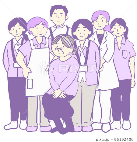 地域包括ケア 認知症の女性と多職種支援チームのイラスト シンプル 地域包括ケア 認知症の女性と多職種支援チームのイラスト シンプル 96192406