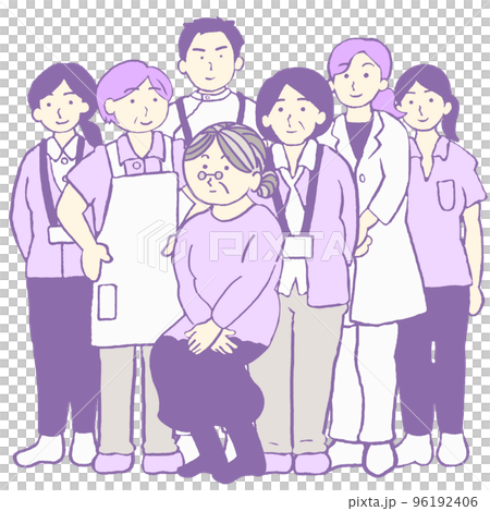 以社區為基礎的綜合護理 一名患有癡呆症的女性和一個多學科支持團隊的插圖 簡單 96192406