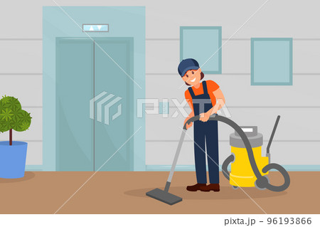 Woman professional cleaner in uniform vacuuming floor in office. Cleaning service company staff flat vector Woman professional cleaner in uniform vacuuming floor in office. Cleaning service company staff flat vector 96193866