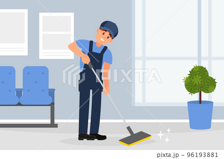 Man professional cleaner in uniform cleaning floor using mop. Cleaning service company staff flat vector Man professional cleaner in uniform cleaning floor using mop. Cleaning service company staff flat vector 96193881