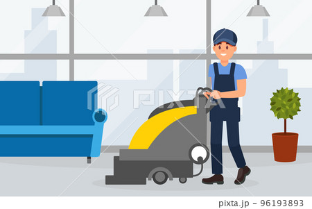Man professional cleaner in uniform operating floor scrubber machine. Cleaning service company staff flat vector Man professional cleaner in uniform operating floor scrubber machine. Cleaning service company staff flat vector 96193893