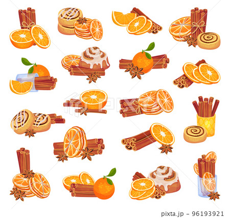 Cinnamon Sticks and Orange Fruit Compositions Big Vector Set 96193921