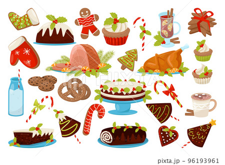 Traditional Christmas Eve Treat with Turkey, Cake, Biscuits, Drink and Candy Cane Vector Set 96193961
