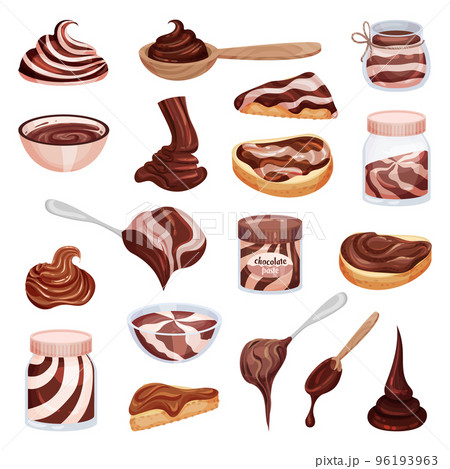 Chocolate Paste in Bowl, Spoon and Spreaded on Bread Big Vector Set 96193963